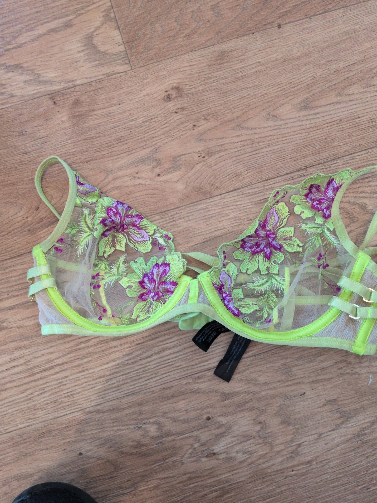 Ann Summers 32b Neon Yellow No Padded Floral See Through Wired Bra