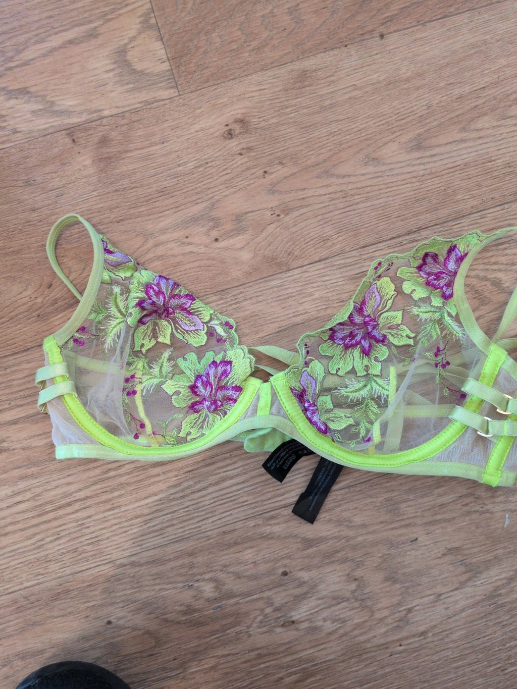Ann Summers 32b Neon Yellow No Padded Floral See Through Wired Bra