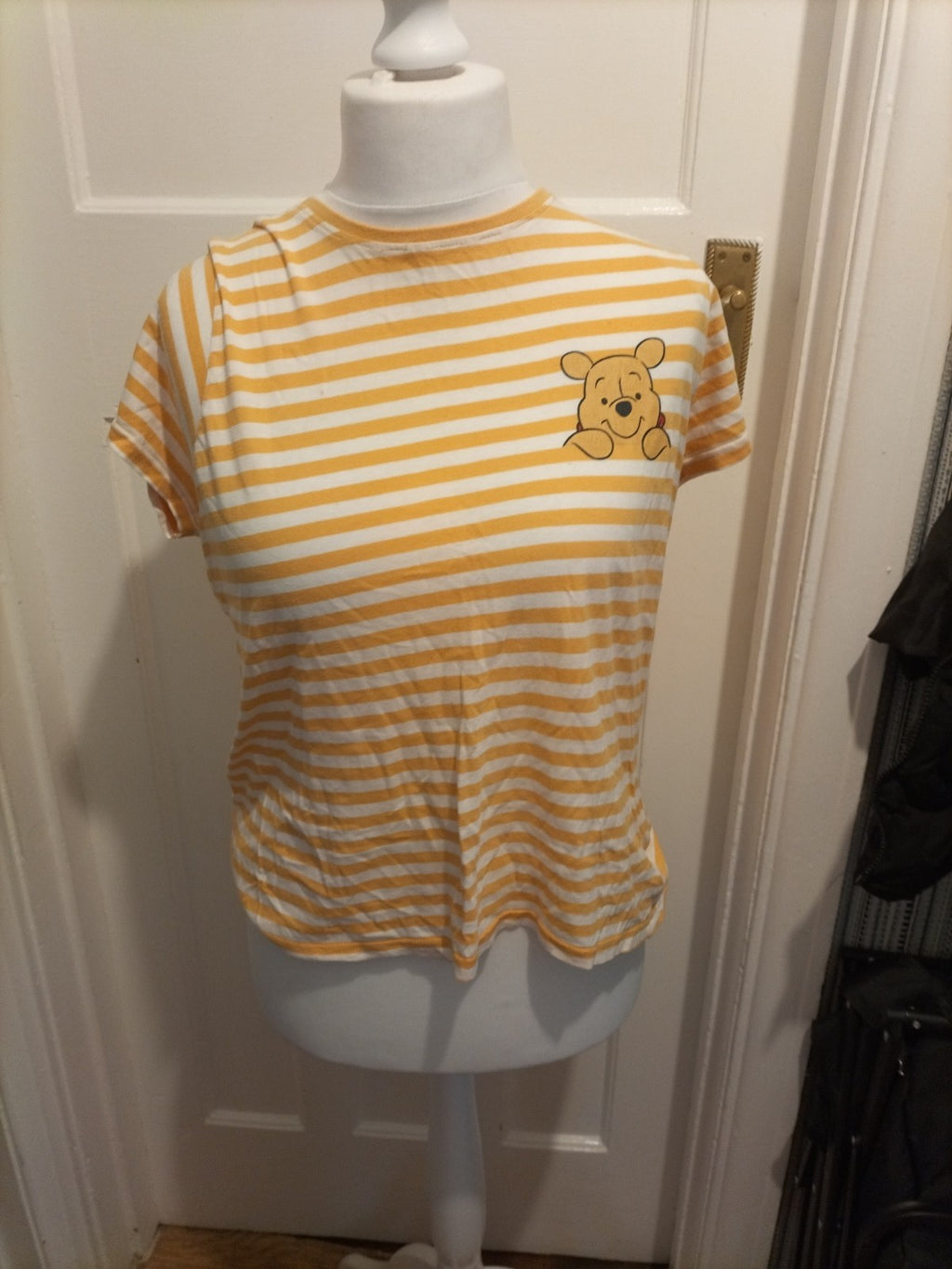 Ladies Primark Disney 12-14 Yello Striped Winnie The Pooh Pyjama Top