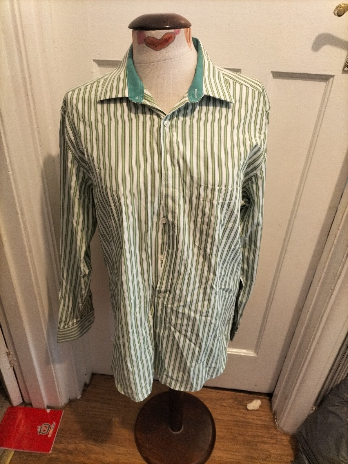 Mens Society Of Threads Size 15.5" Green/White Striped Long Sleeved Shirt