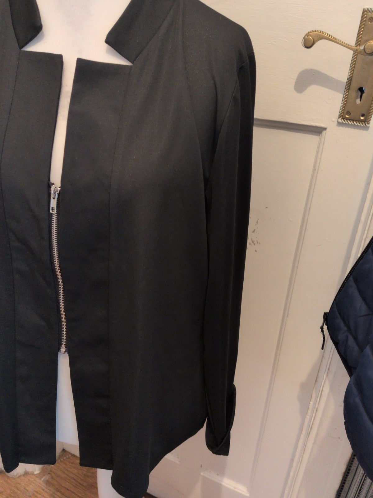 Black Large V Neck Zipped Long Sleeve Blouse