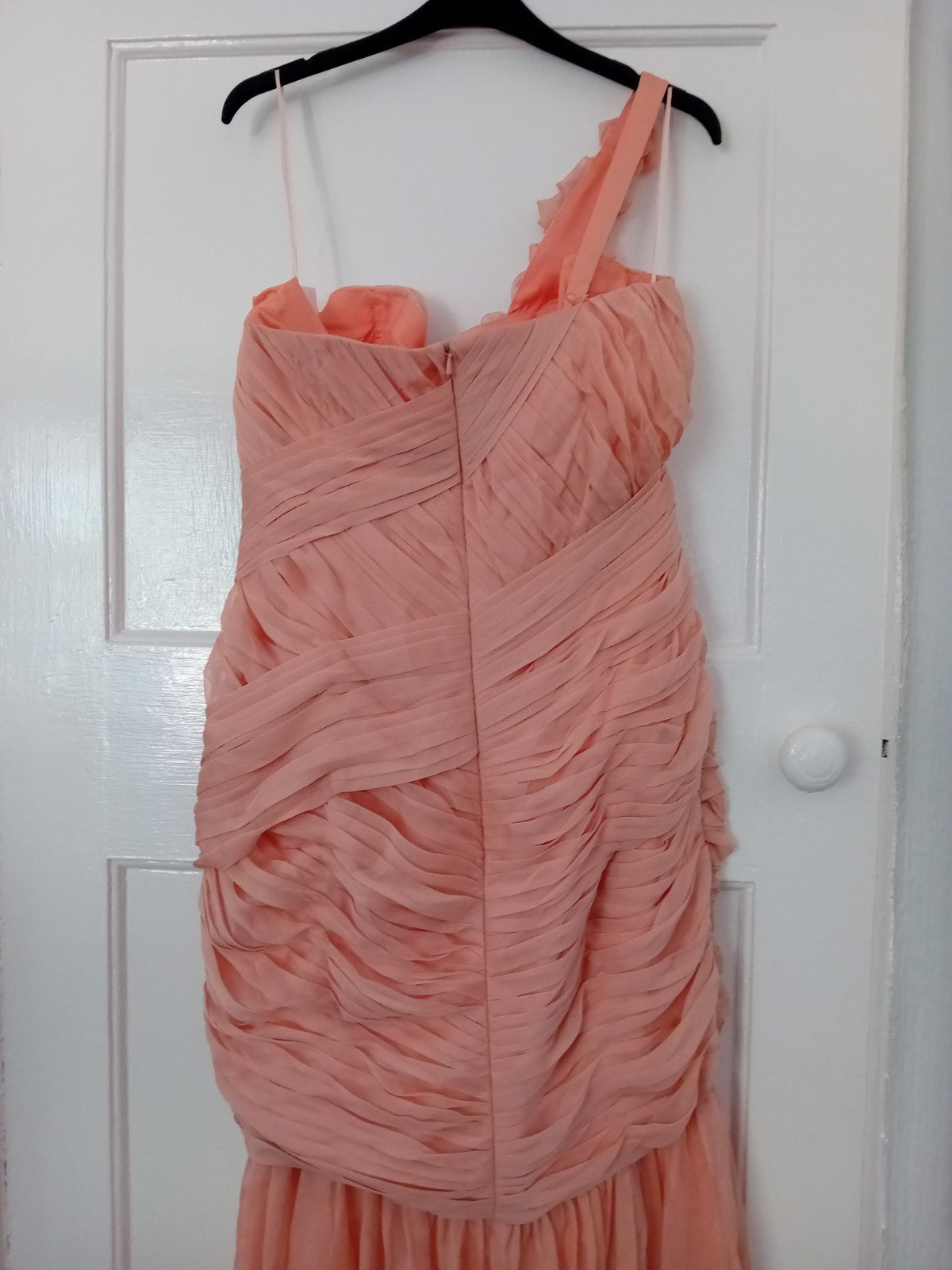 Ladies Peach Evening Dress Size 20 Ruched One Shoulder With A Train E-...