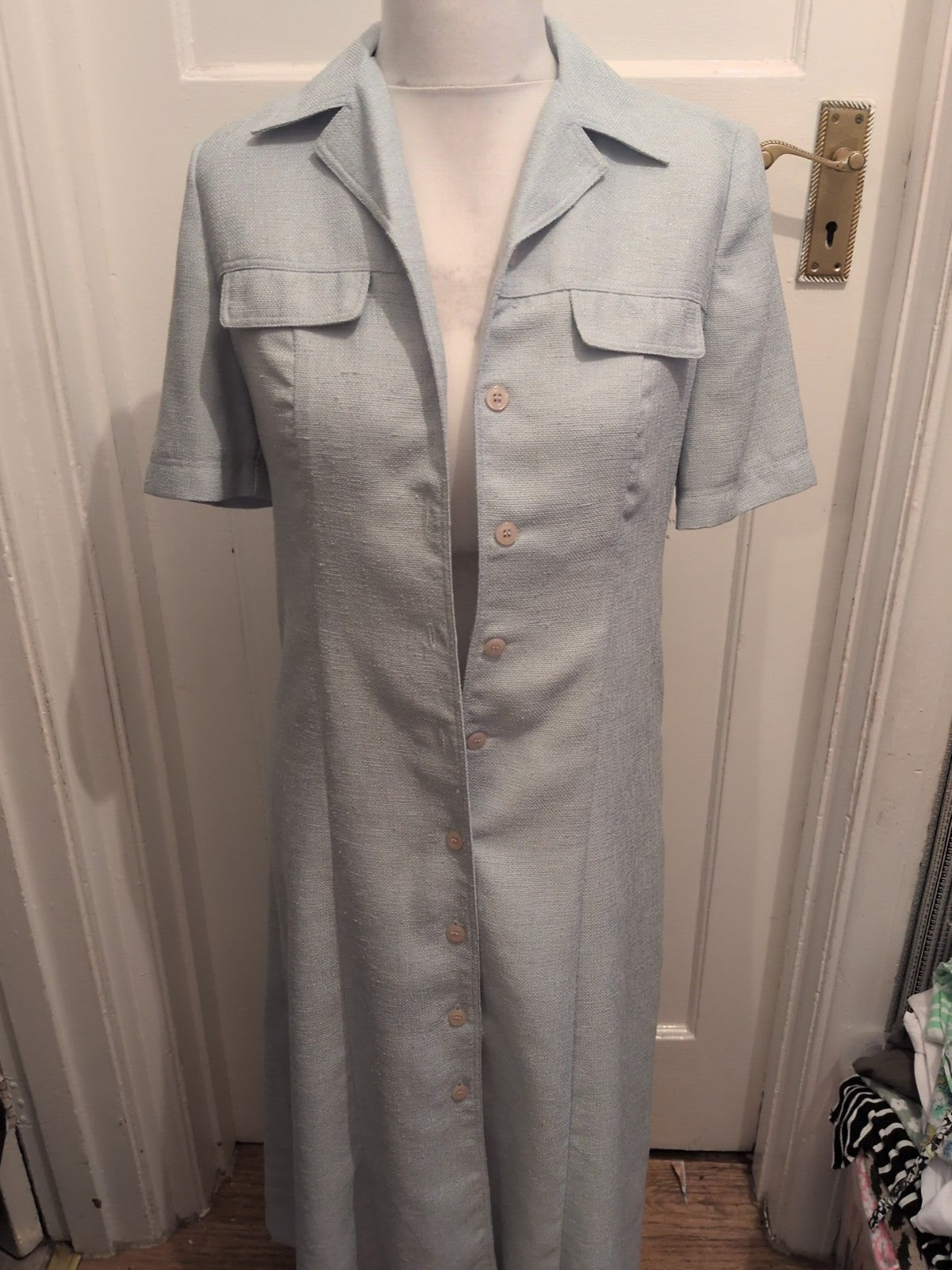 Viyella 8 Pale Turquoise Buttoned Long Length Dress Bobbling Short Sleeved