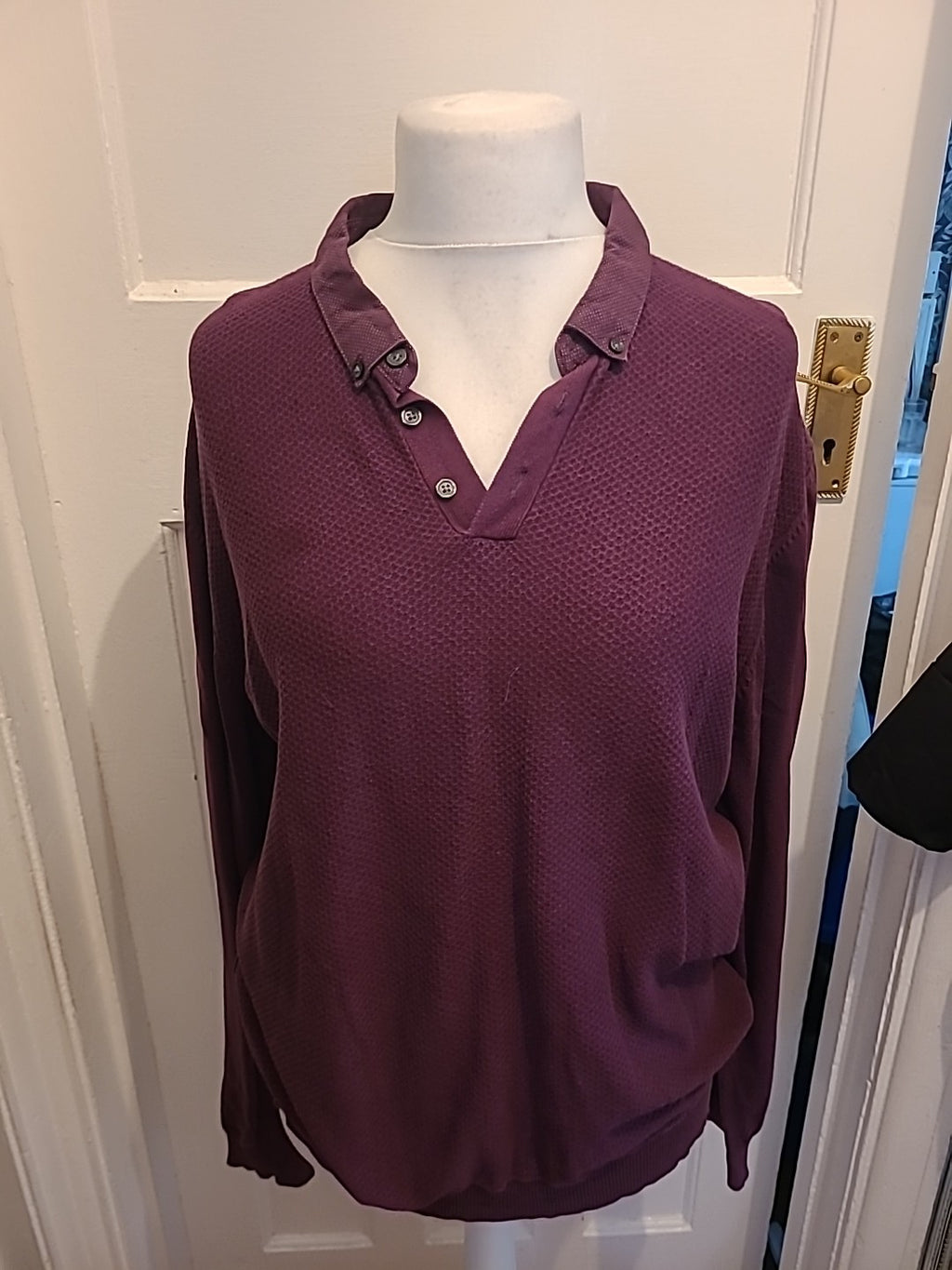 Mens Marks And Spencer Size XL Pure Cotton Purple Textured Long Sleeved Polo