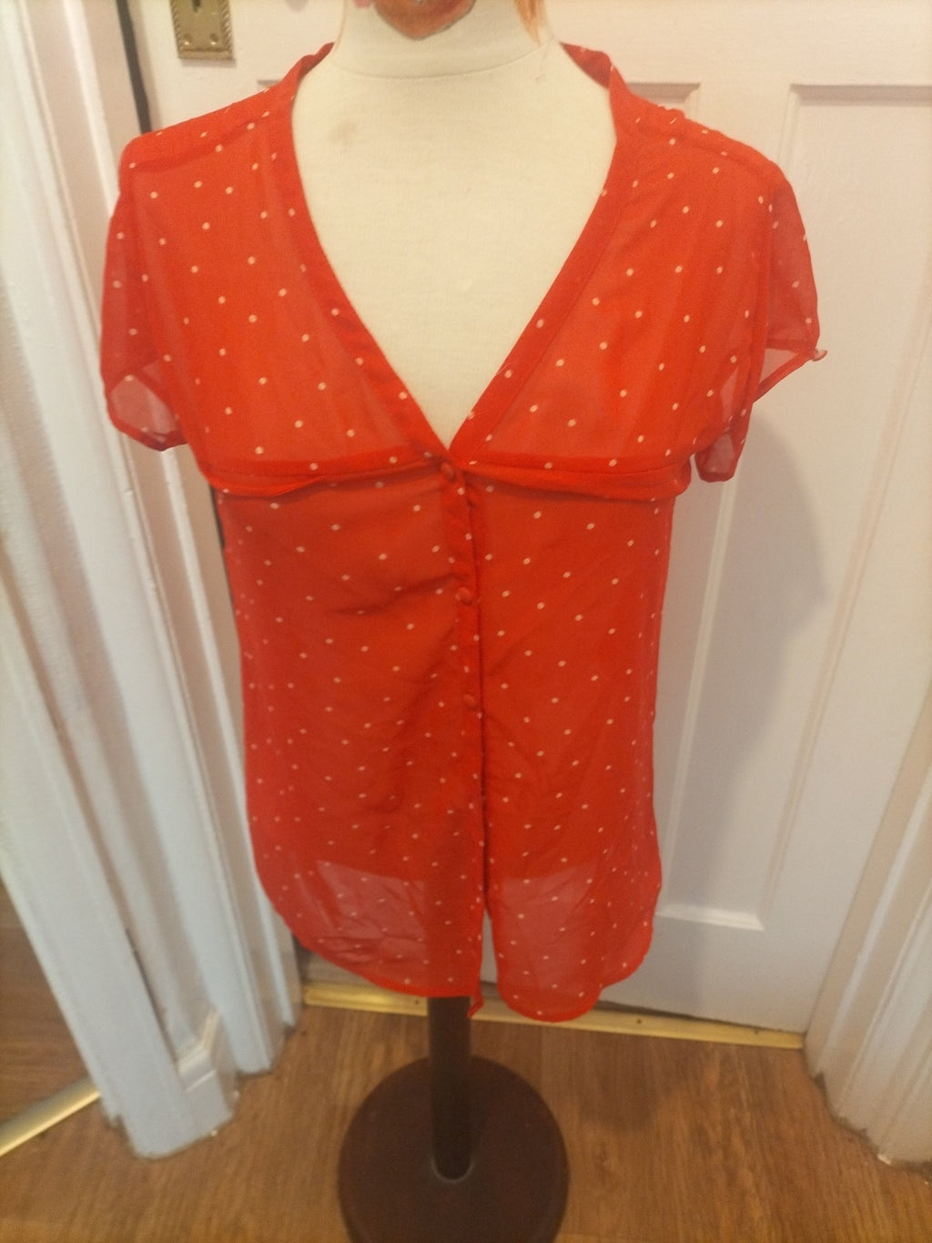 Ladies Zara Size Small Red/White Spotty See Through Short Sleeved Blouse