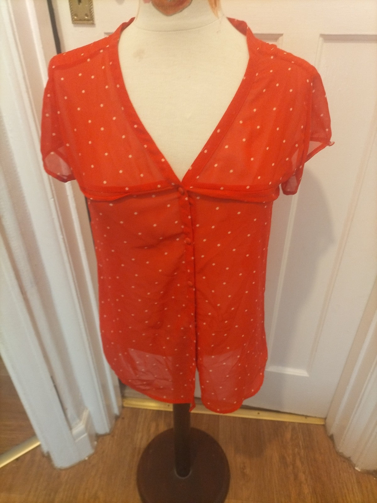 Ladies Zara Size Small Red/White Spotty See Through Short Sleeved Blouse