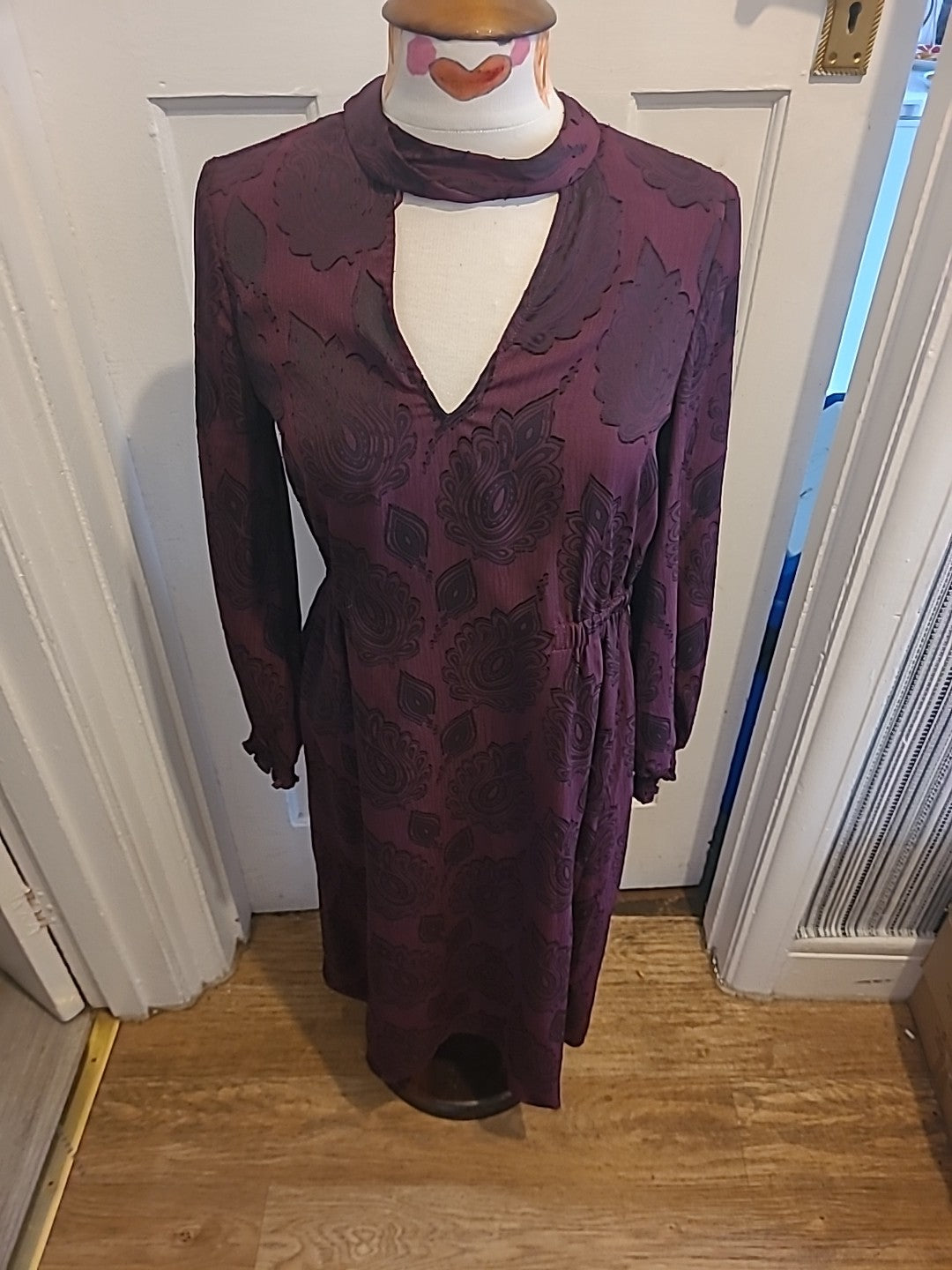 Ladies Marks And Spencer Size 8 Purple Black Floral Long Sleeved Dress