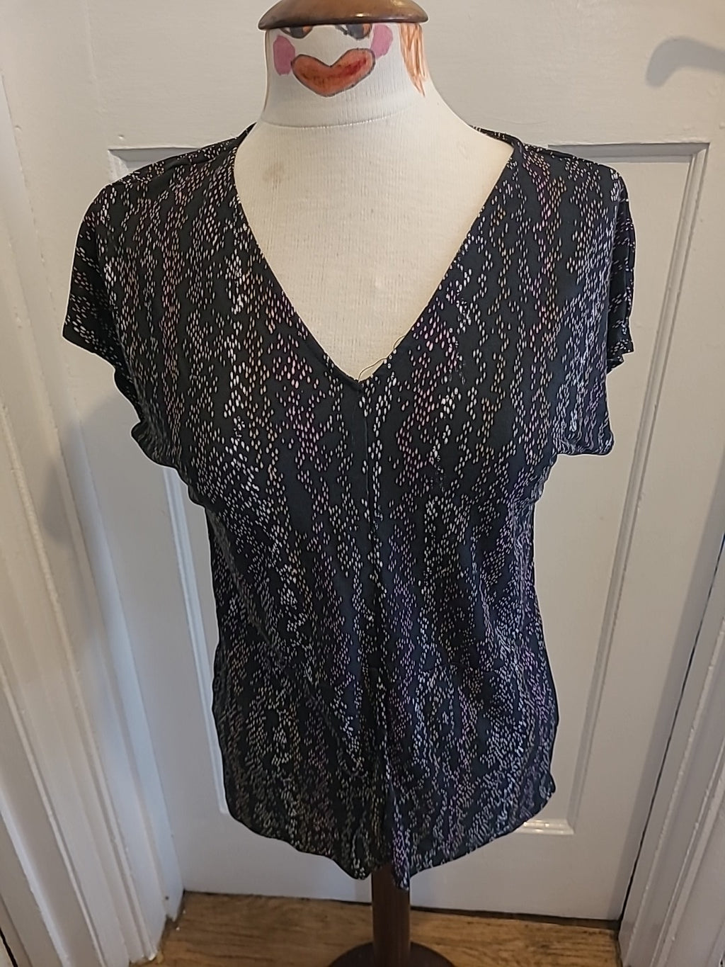 Ladies Marks And Spencer Size 12 Black With Multi Detailed Short Sleeved Tshirt