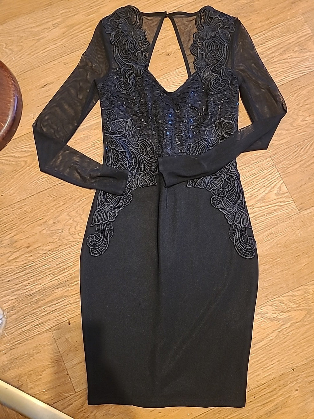 Ladies Lipsy Size 8 Black Mesh Long Sleeved Dress