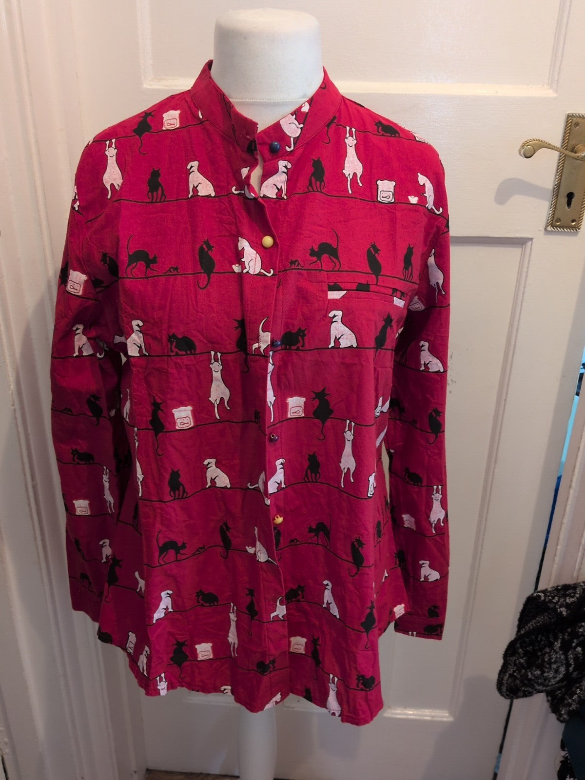 2XL Red Cat Pattern Long Sleeve Buttoned Pyjama Shirt