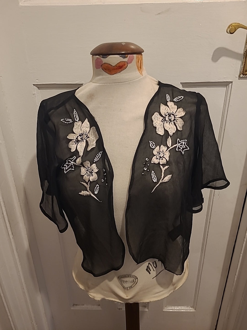 Ladies Joanna Hope Size 12 Black See Through Short Sleeved Floral Cardigan