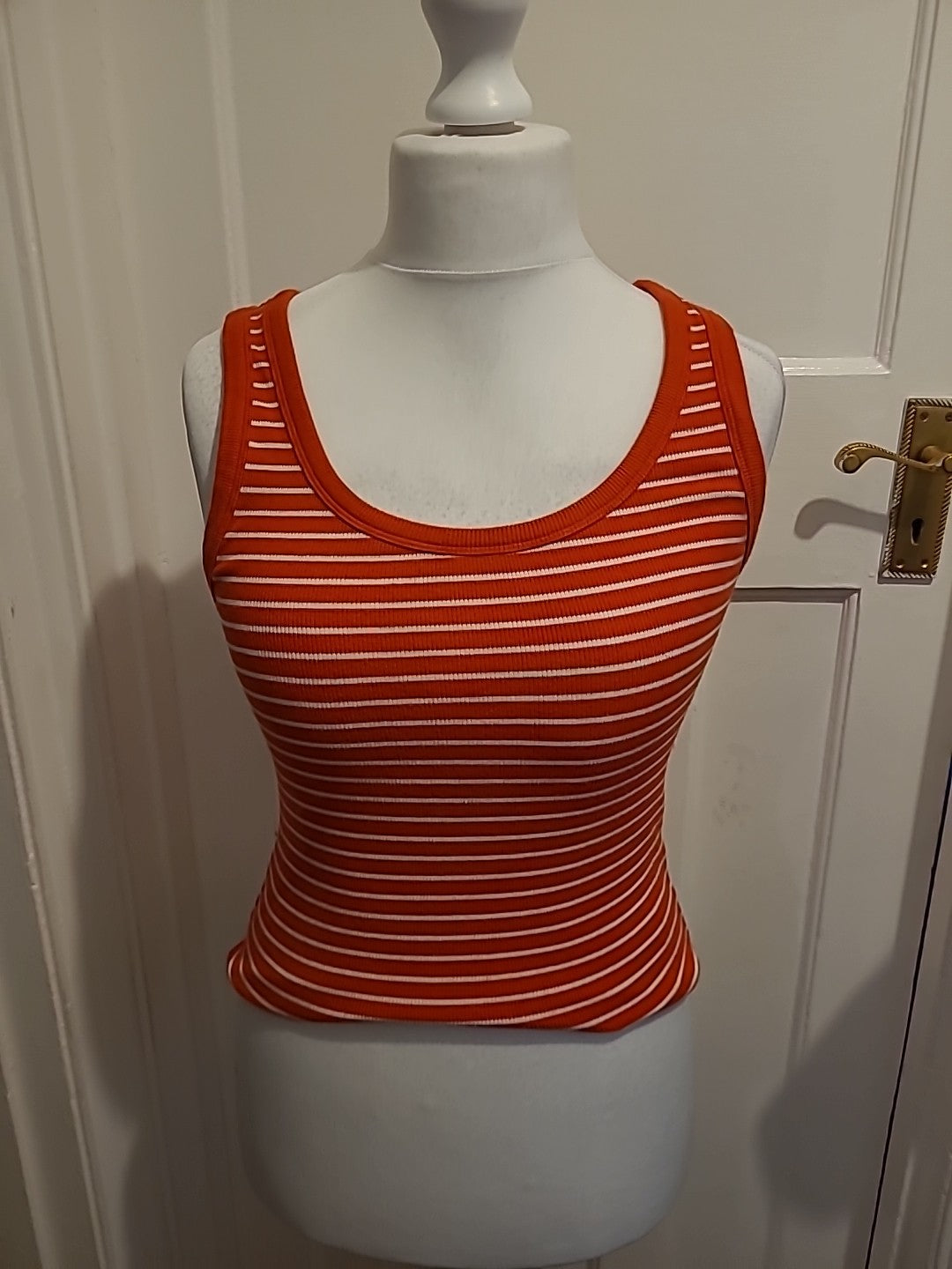 Ladies Marks And Spencer Size 10 Red And White Striped Sleeveless Top