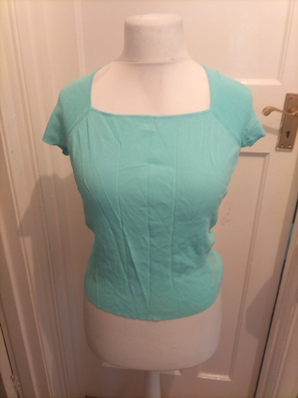 Ladies Dressbarn Size Petite Med Aqua Short Sleeved Blouse