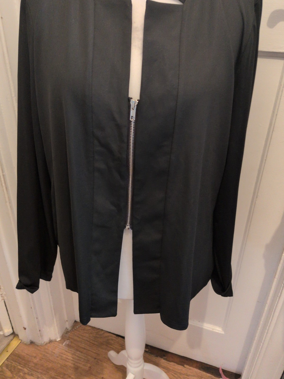 Black Large V Neck Zipped Long Sleeve Blouse