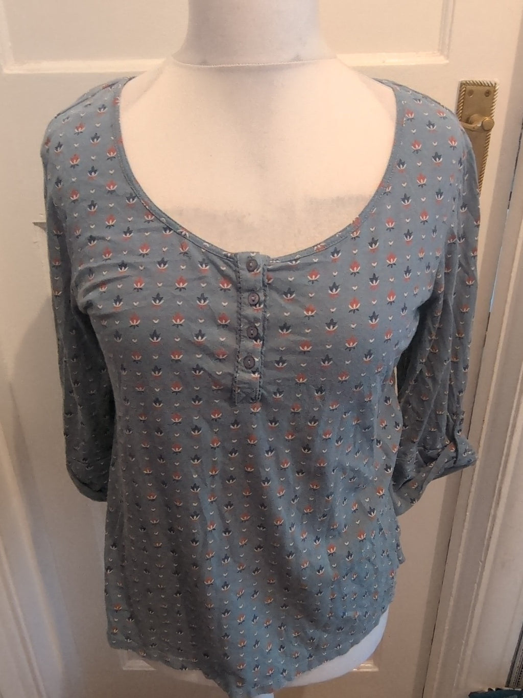 Tu 14 Dark Aqua Orange Patterned Short Sleeve Blouse
