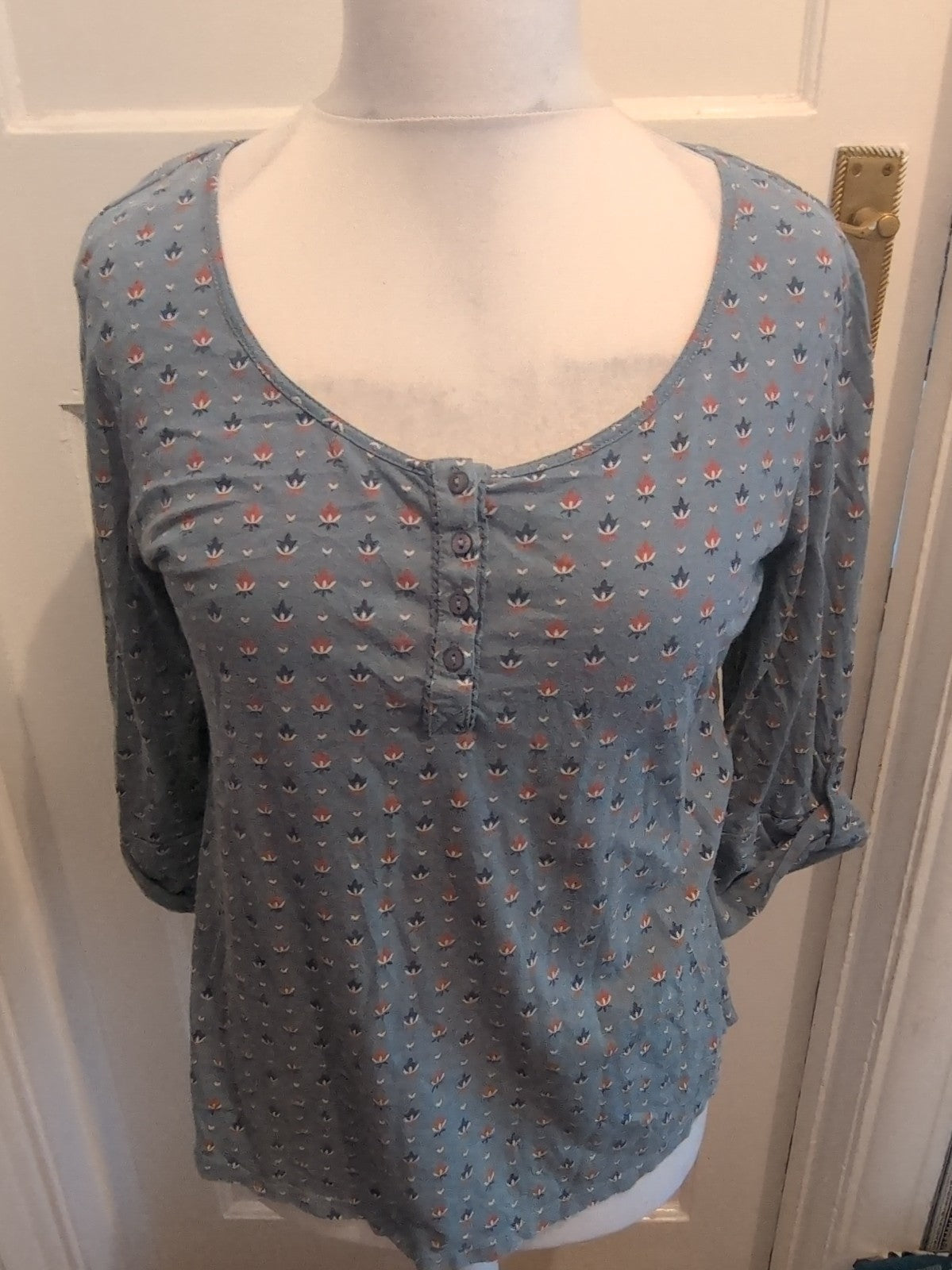 Tu 14 Dark Aqua Orange Patterned Short Sleeve Blouse