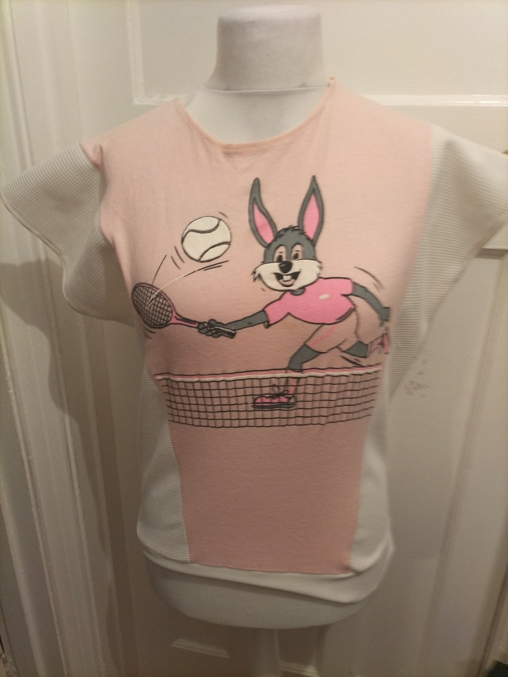 Ladies Size Small White Bunny Short Sleeve Top Has Marks On