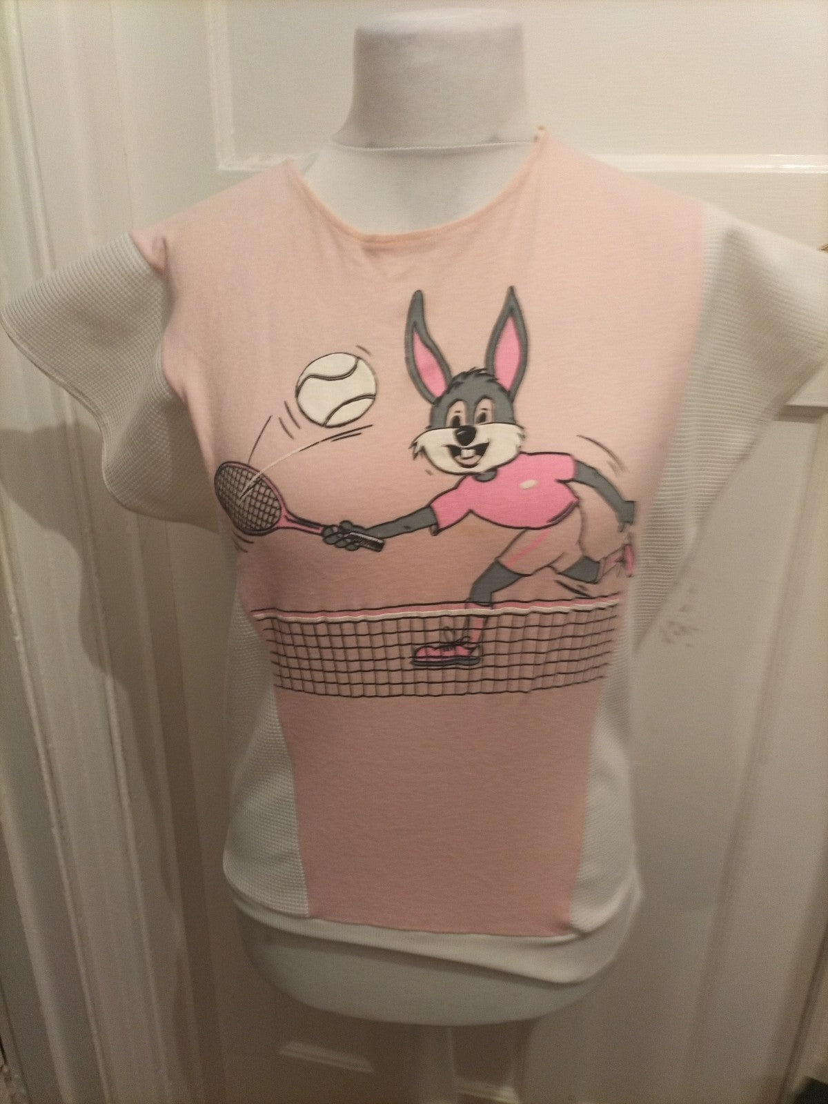 Ladies Size Small White Bunny Short Sleeve Top Has Marks On