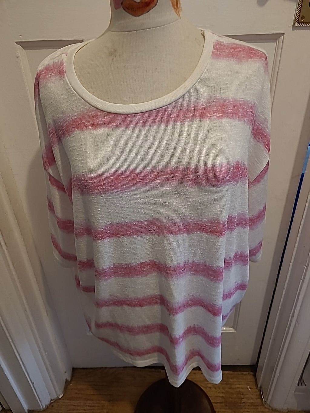 Ladies Size Large Pink/White Striped Short Sleeved Jumper Lightweight