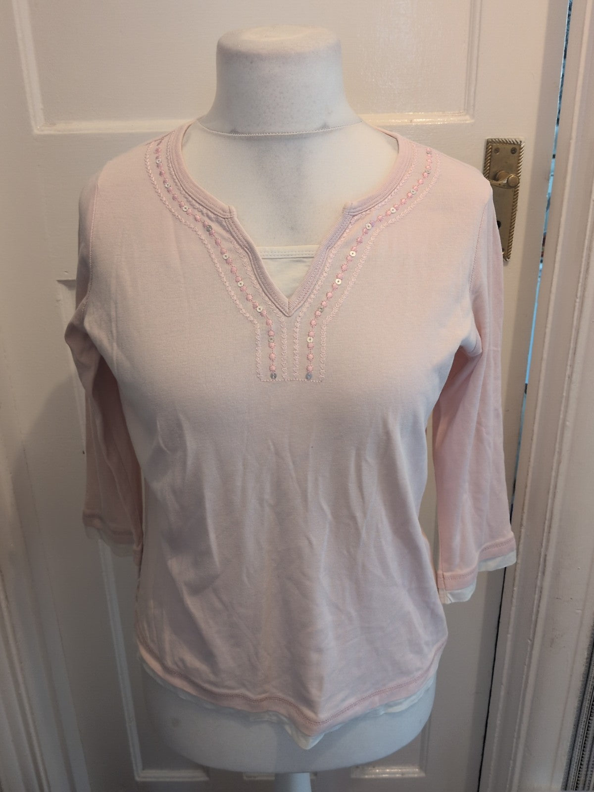 Ladies BHS Size 18 With White Trim Long Sleeved V Neck Blouse