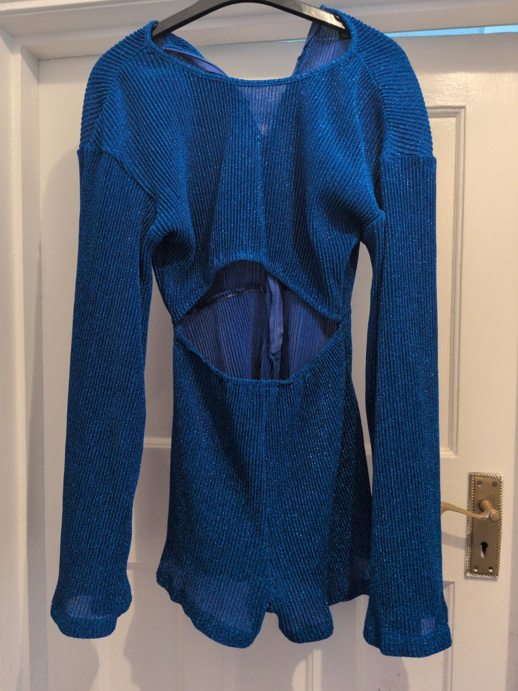 Ladies Prettylittlething 6 Shiny Blue Long Sleeve Ribbed Playsuit