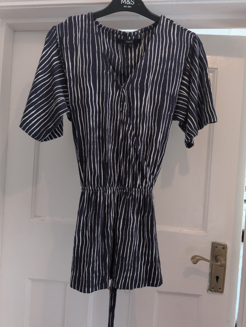 Next 12 Navy Striped Belted Short Sleeve Dress
