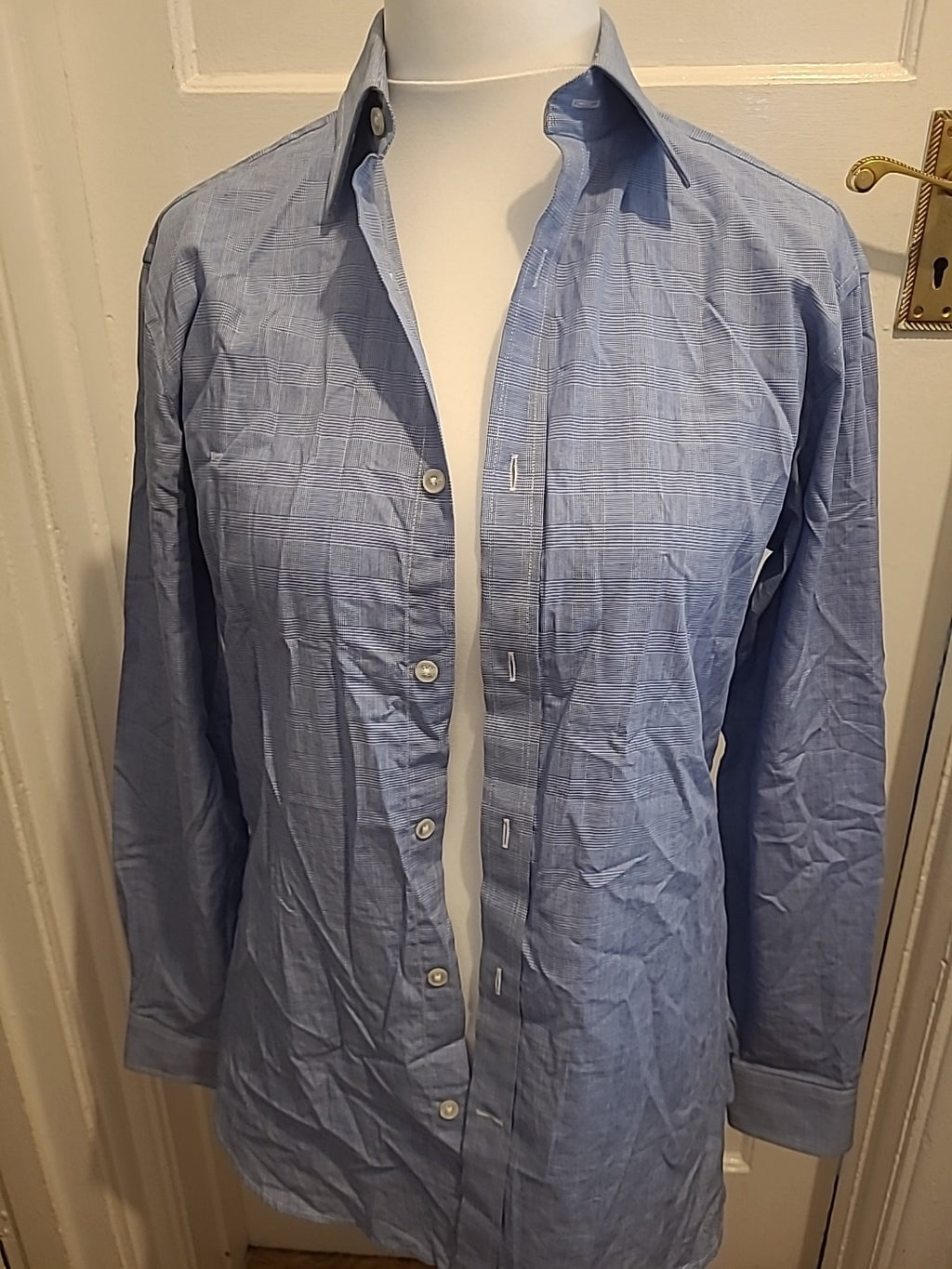 Mens Jaeger Size 15" Collar Blue And White Pinstriped Check Long Sleeved Shirt