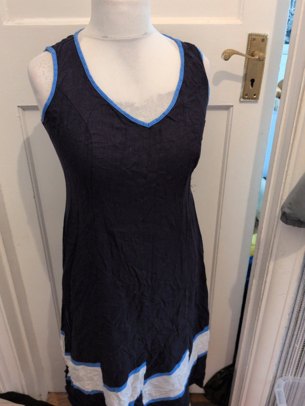 Marks And Spencer 12 Navy Sleeveless Midi Dress With Pattern On Hem