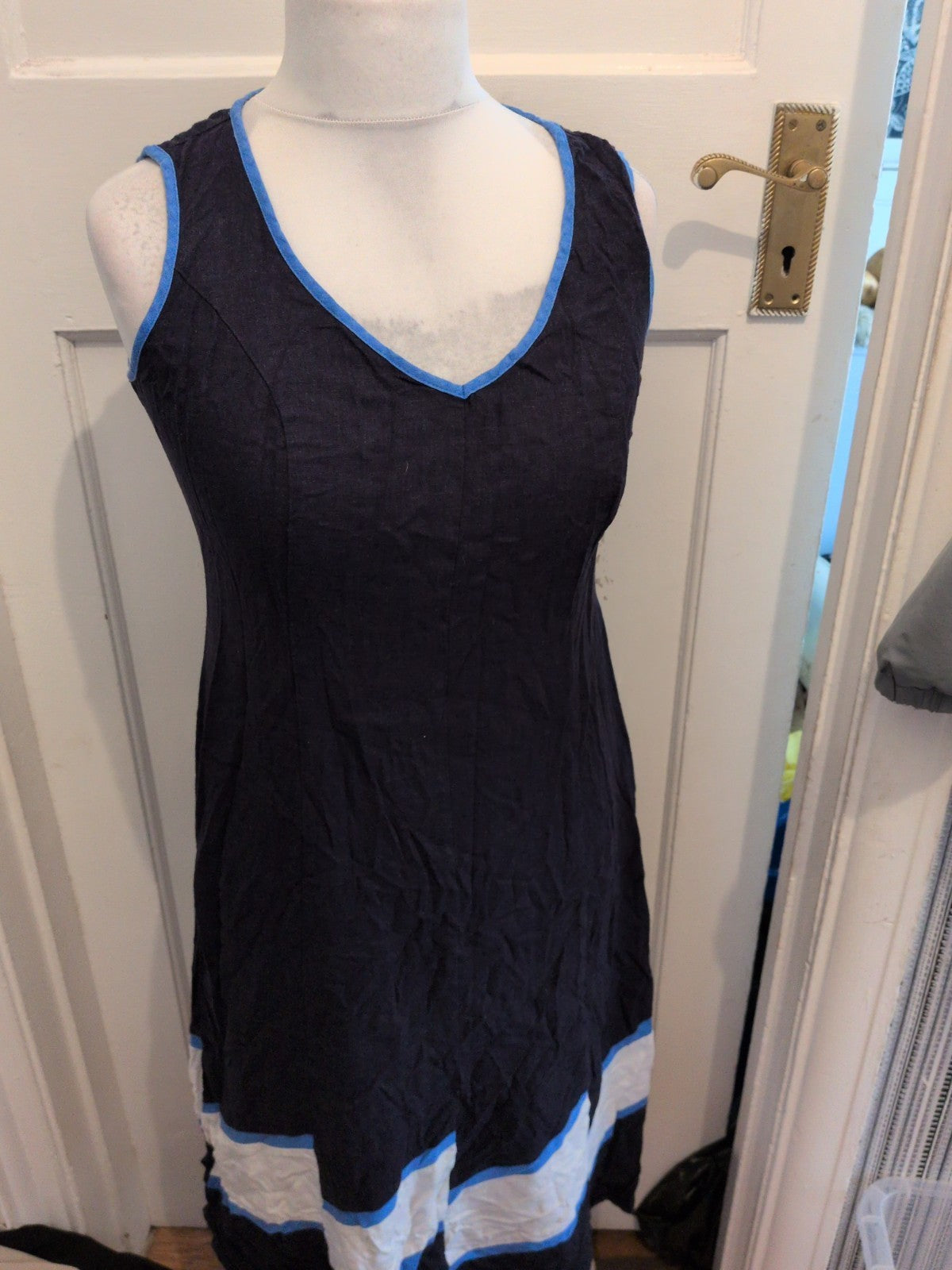 Marks And Spencer 12 Navy Sleeveless Midi Dress With Pattern On Hem