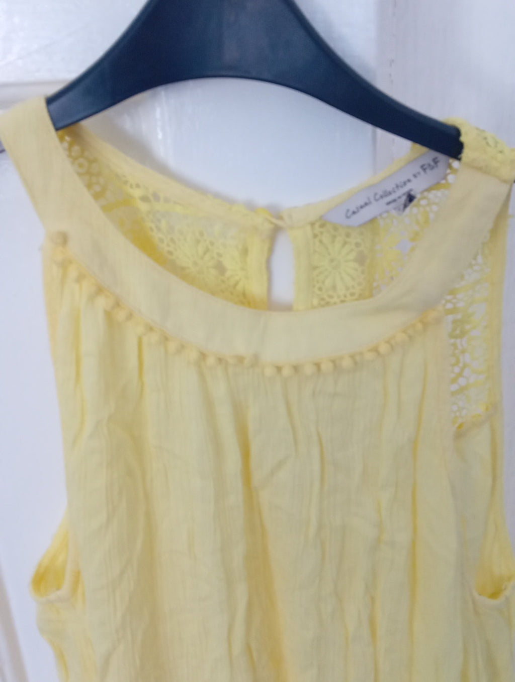 Ladies Pretty Yellow Sleeveless Top With Lace And Pom Pom Design Size 12 F&F