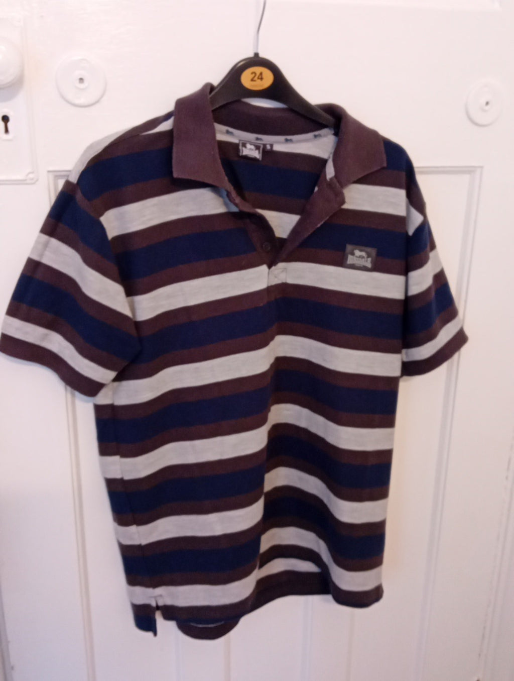 Mens Polo Top Lonsdale Size Small Brown/ Blue Striped