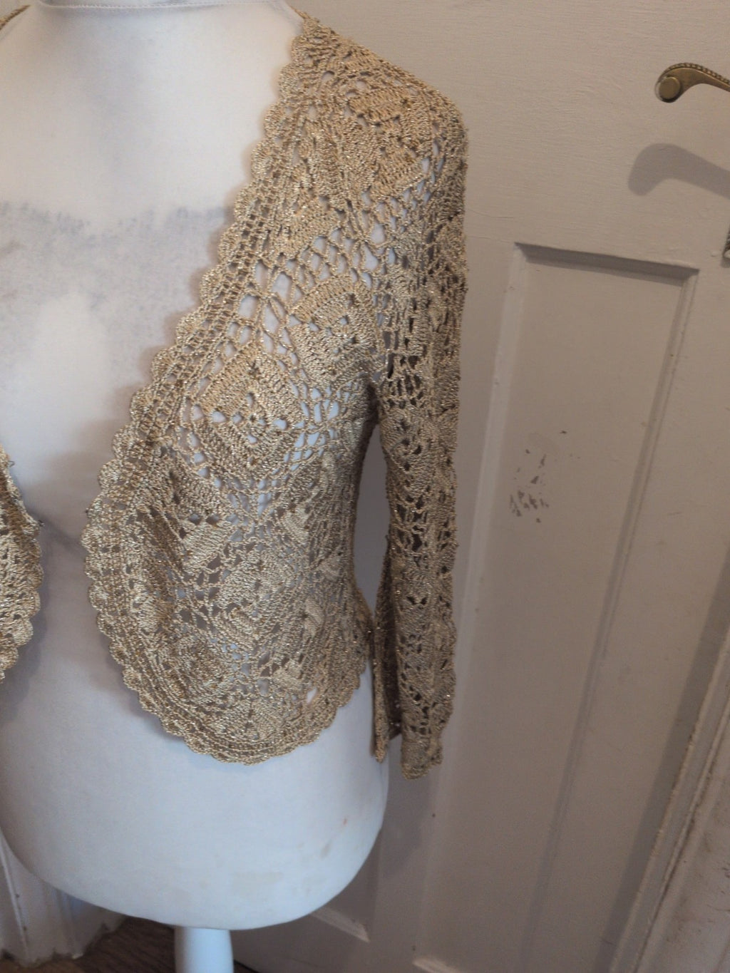 Ladies Size Large Gold Lacey Open Blouse Long Sleeve