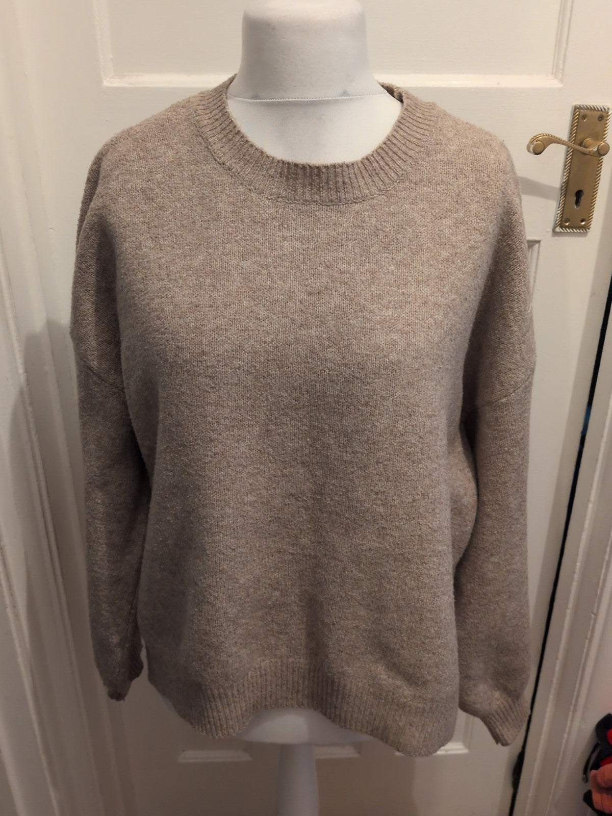 Large Beige Ribbed Hem And Cuff Pullover Jumper