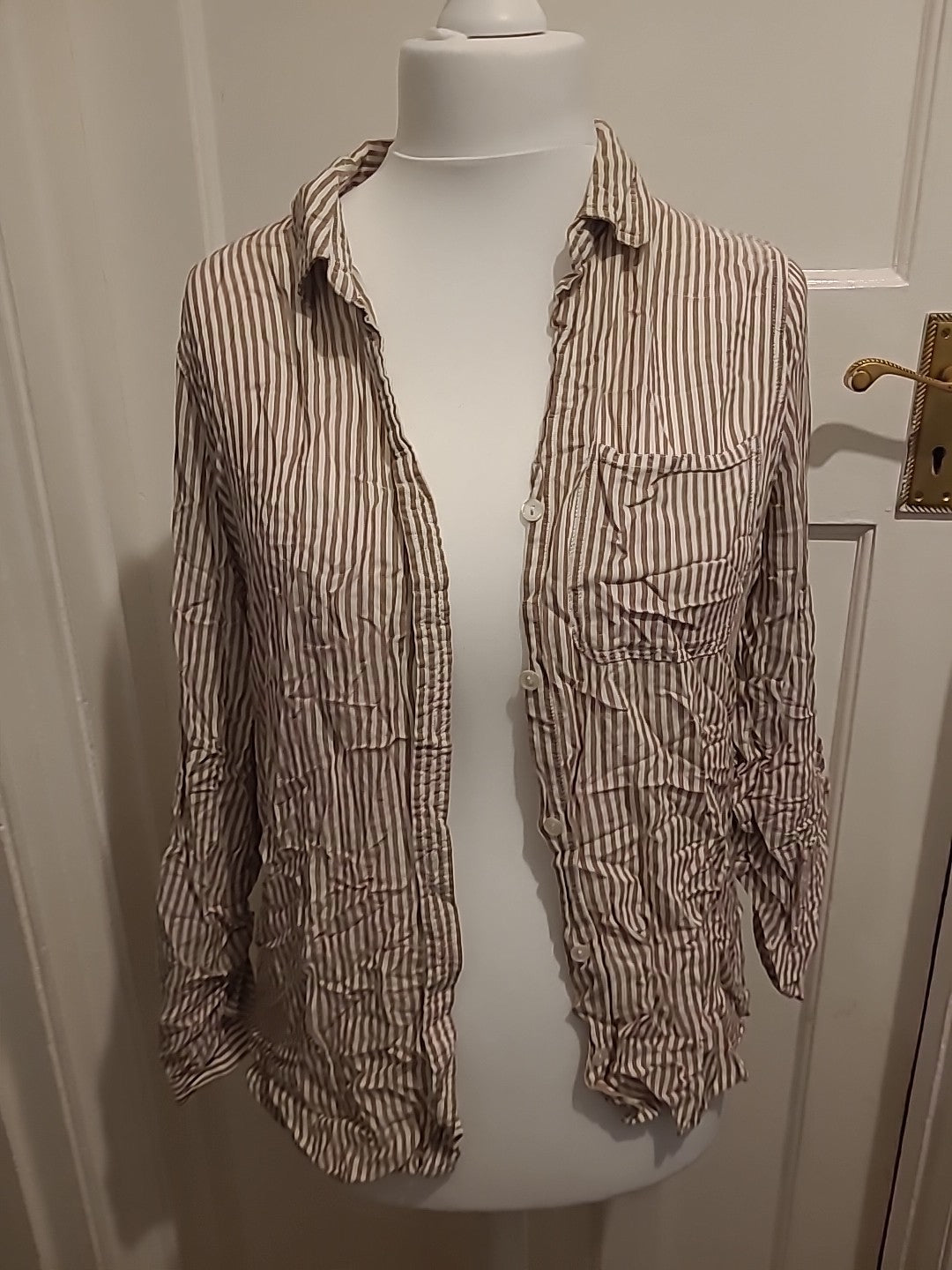 Ladies Velvet Heart Size Large Brown/Cream Striped Blouse