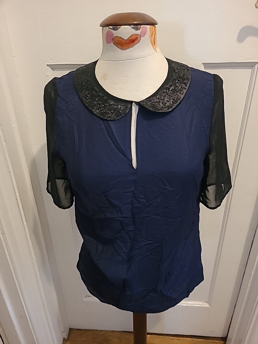Ladies Next Size 8 Navy Short Sleeved Detail Neck Blouse
