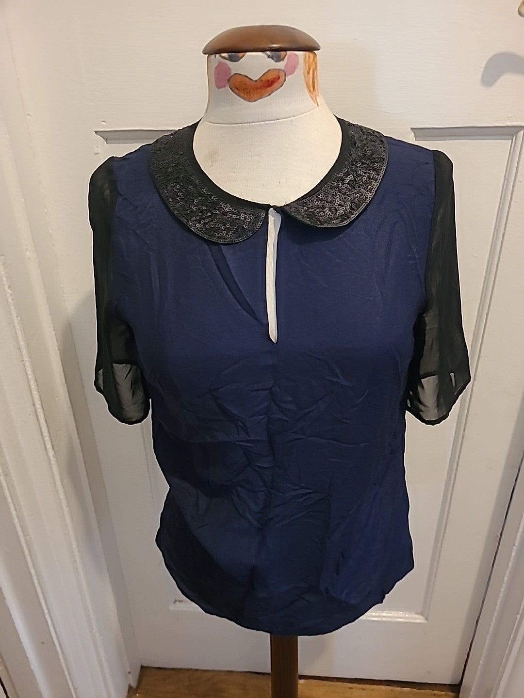 Ladies Next Size 8 Navy Short Sleeved Detail Neck Blouse
