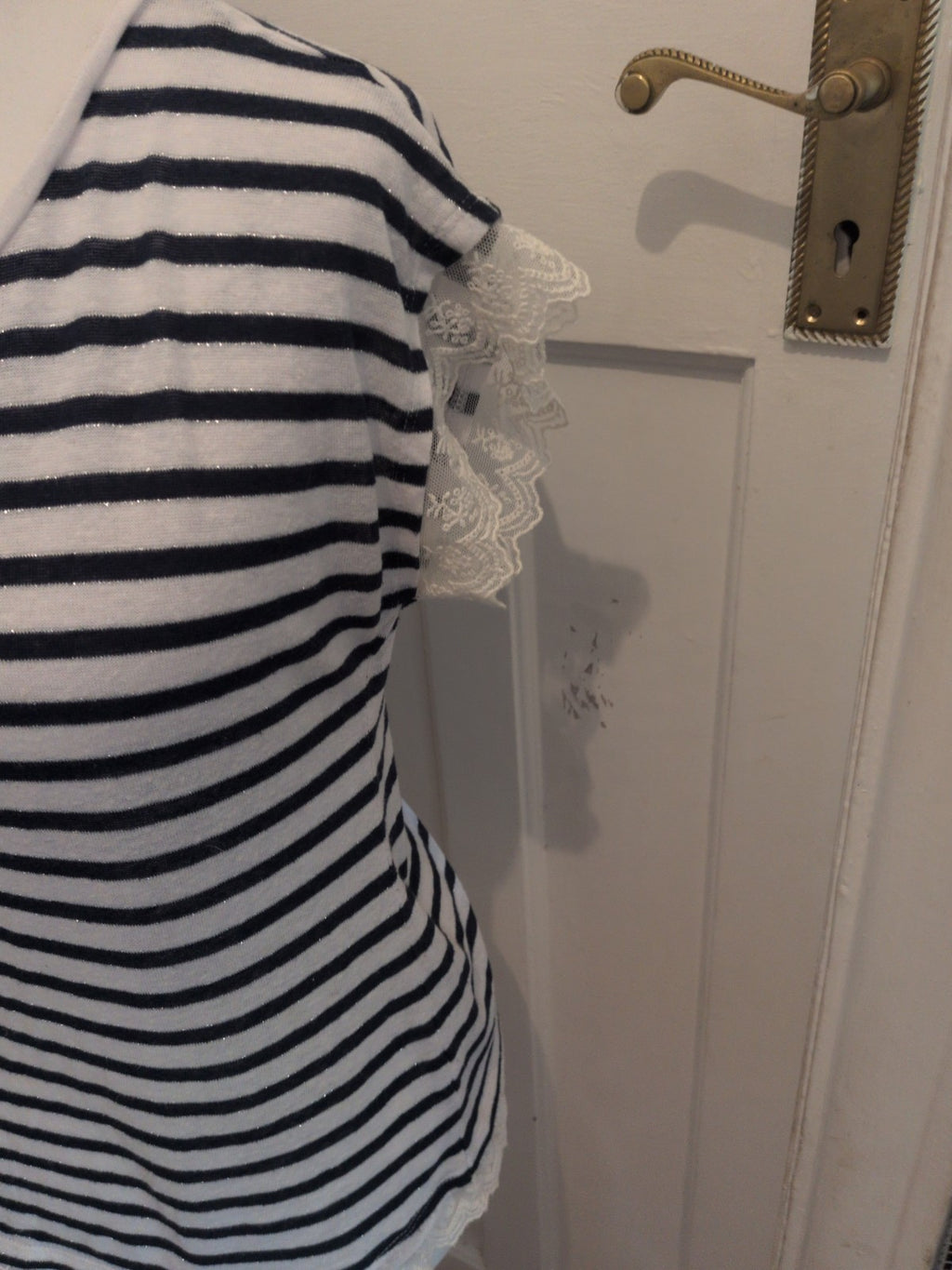 George 12 Navy And Ivory Stripes Frill Hem Short Sleeve Sparkle Blouse