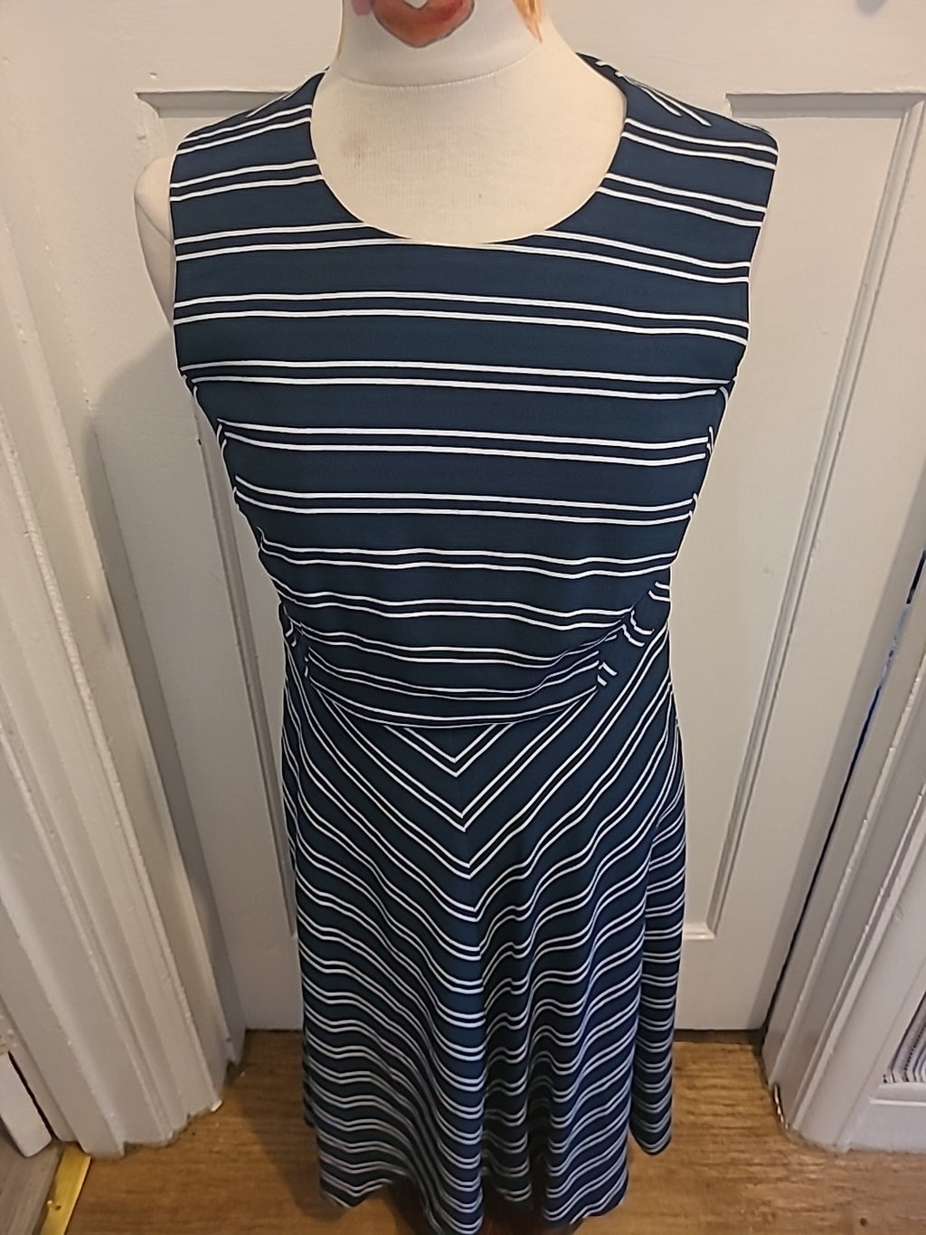 Ladies Debenhams Size 12 Navy And White Striped Sleeveless Dress