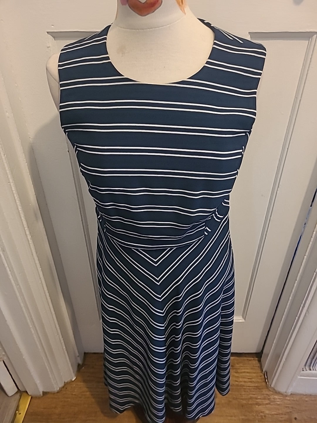 Ladies Debenhams Size 12 Navy And White Striped Sleeveless Dress
