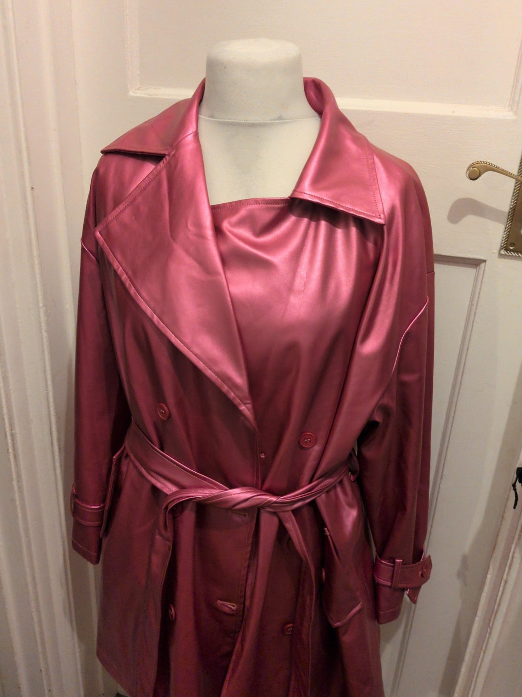 Shein Curve 0xl Shiny Pink Belted Lined Collared Jacket