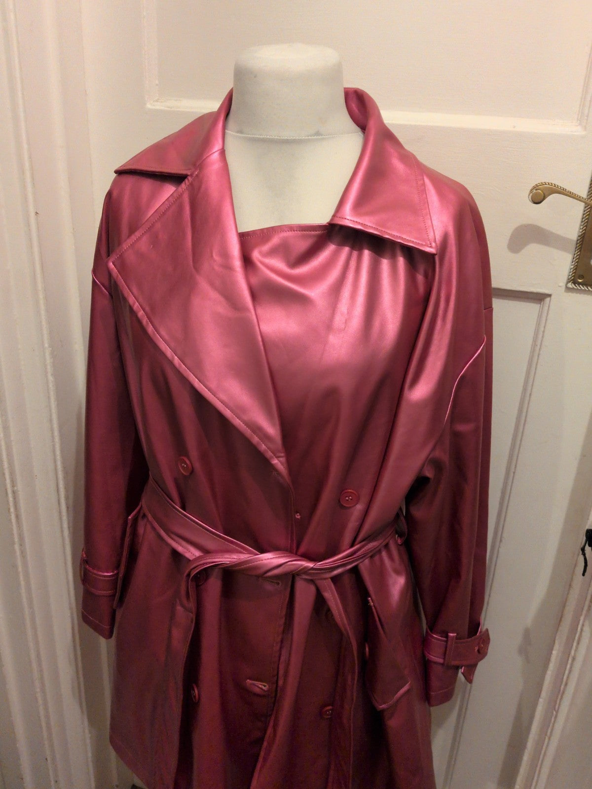 Shein Curve 0xl Shiny Pink Belted Lined Collared Jacket