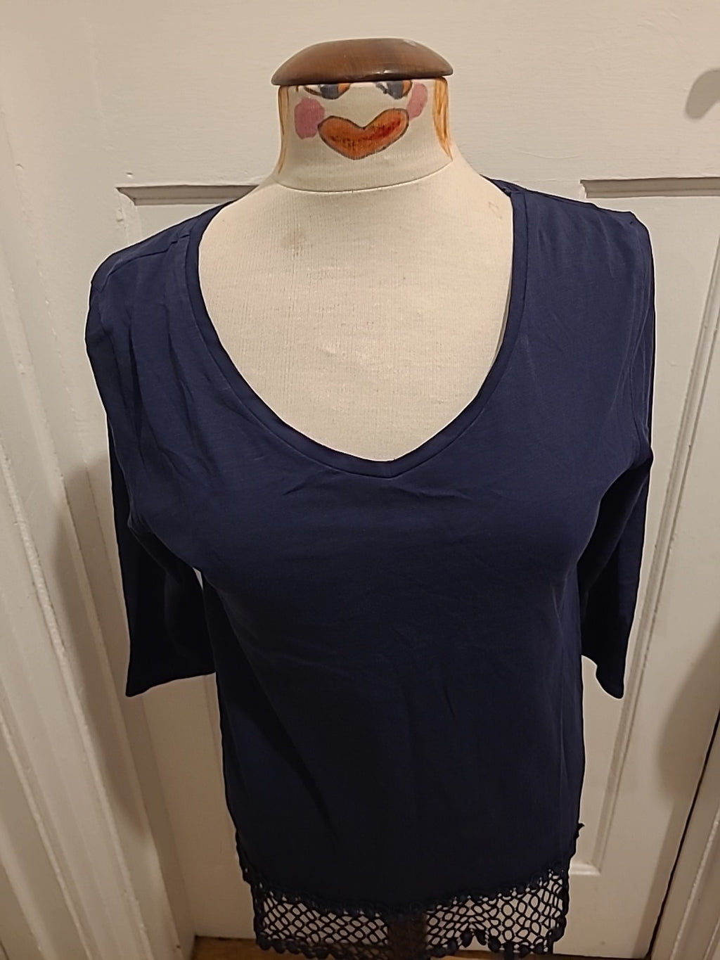 Ladies George Size 10 Navy Long Sleeved With Lace Hem Tshirt