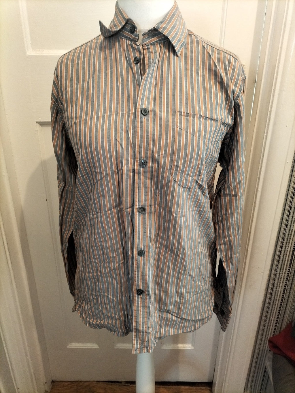 Mens Blue Harbour Size M Gold And Grey Striped Long Sleeved Shirt
