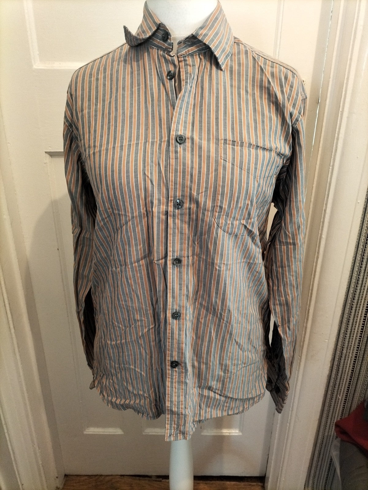 Mens Blue Harbour Size M Gold And Grey Striped Long Sleeved Shirt