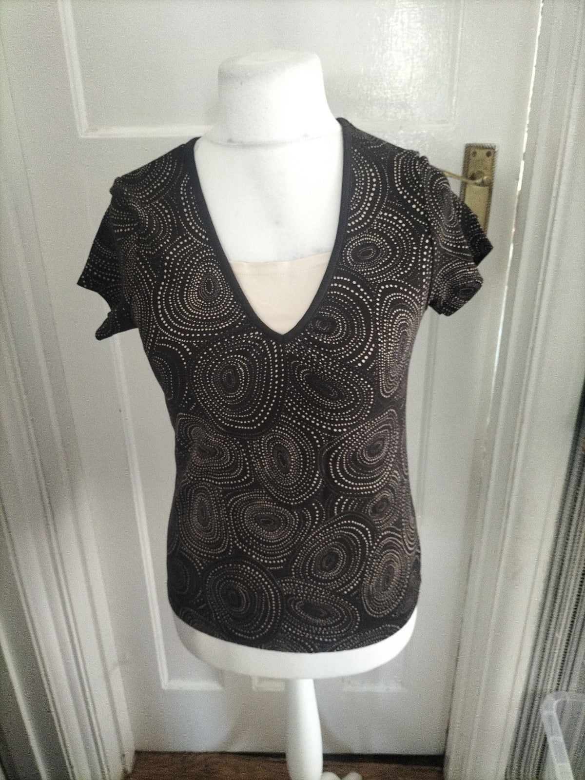 Ladies Dash Size 10 Brown And Beige Dotted Short Sleeved Blouse