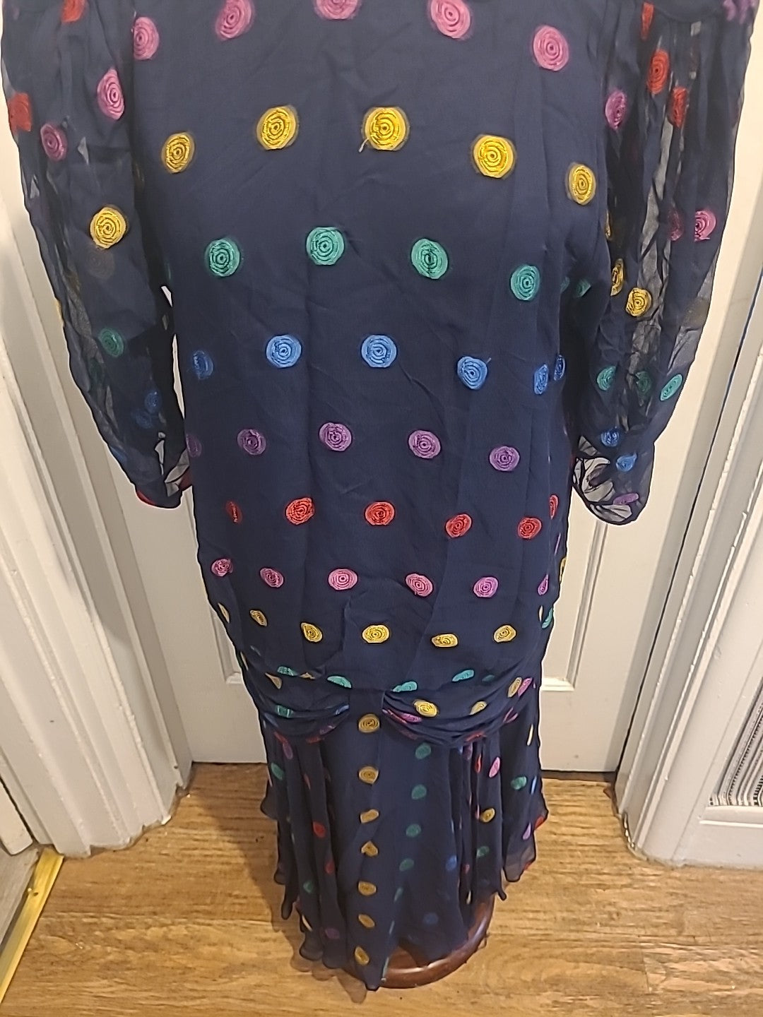 Ladies Tricoville Size 14 Navy Colorful Padded 3/4 Sleeve Dress