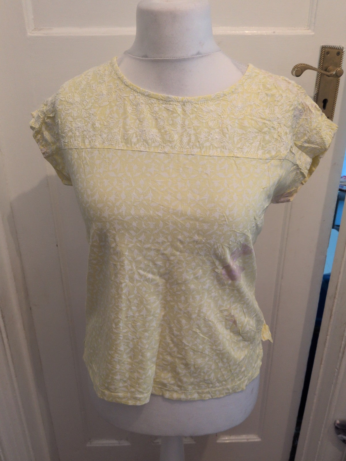 White Stuff 8 Yellow And White Pattern Short Sleeve T-shirt