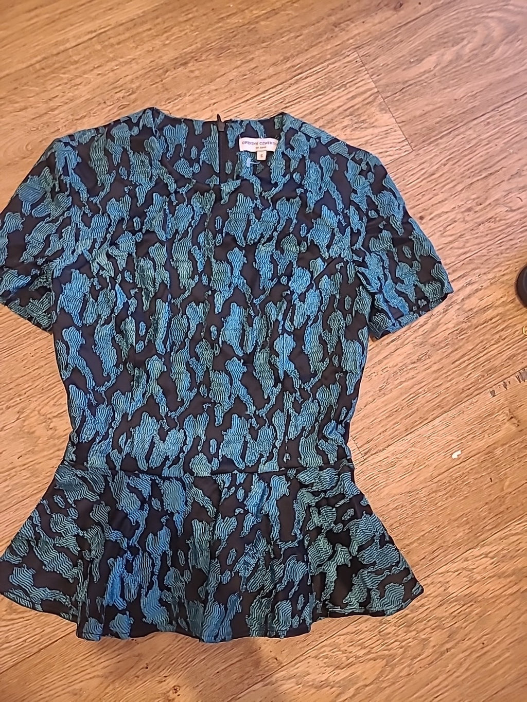 Ladies Opening Ceremony Size Small Black/Teal Short Sleeved Blouse
