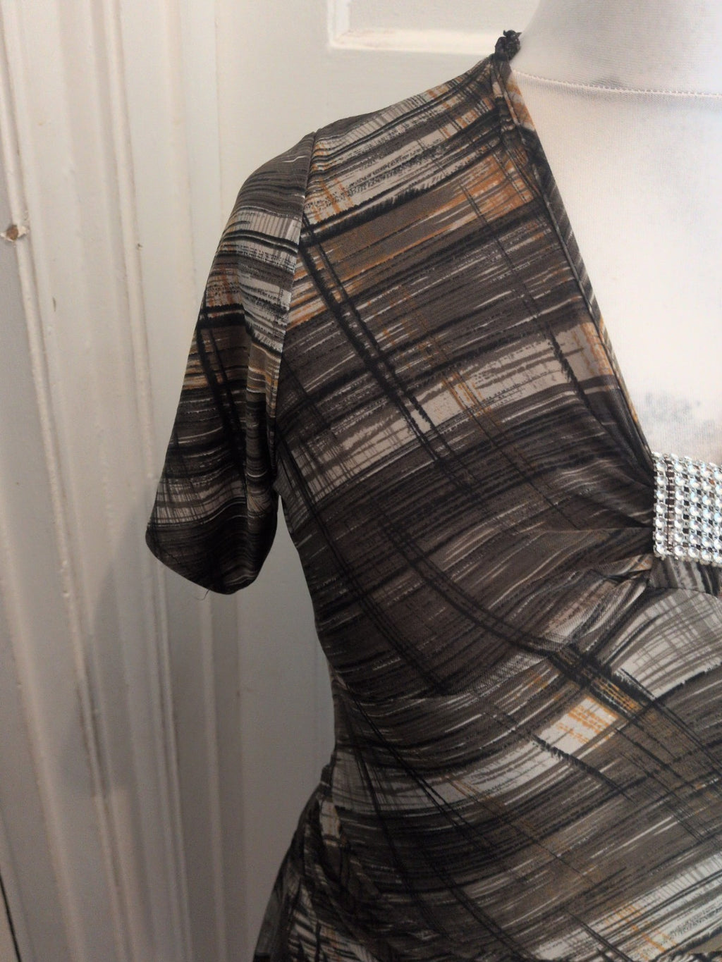 Medium Brown/Tan/Black Short Sleeve Fit And Flare Midi Dress