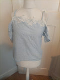 Ladies New Look Size 14 Blue Striped With Patterned Short Sleeved Blouse